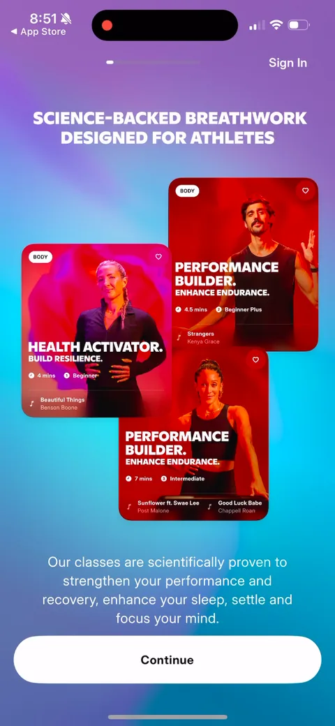 Fivepointfive onboarding screen 6: Class cards with real artists and songs (Benson Boone, Post Malone) make breathwork look like a Spotify…