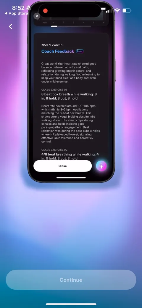 Fivepointfive onboarding screen 10: An AI coach reading your heart rate data back with specific numbers (100-106 bpm, vagal braking, CO2…