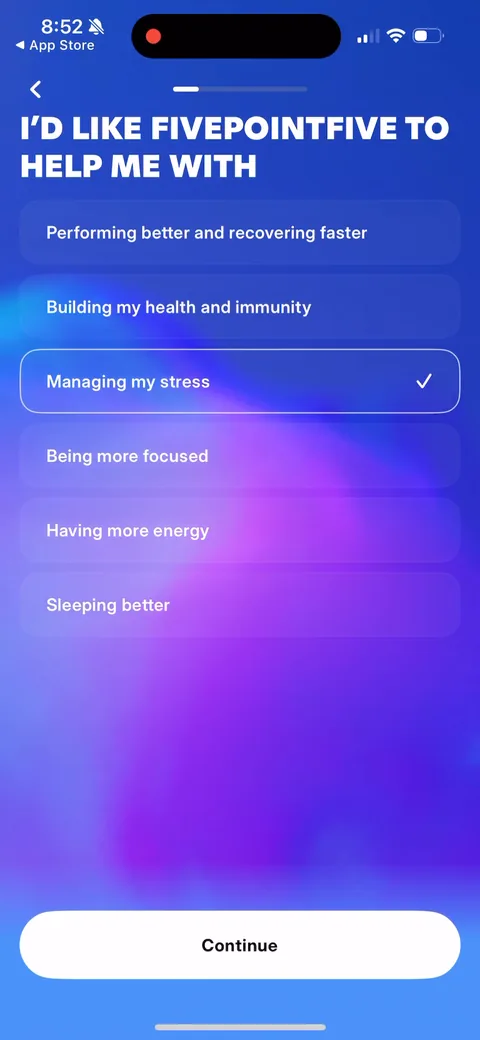 Fivepointfive onboarding screen 11: Multi-select on what you want help with: performance, immunity, stress, focus, energy, sleep