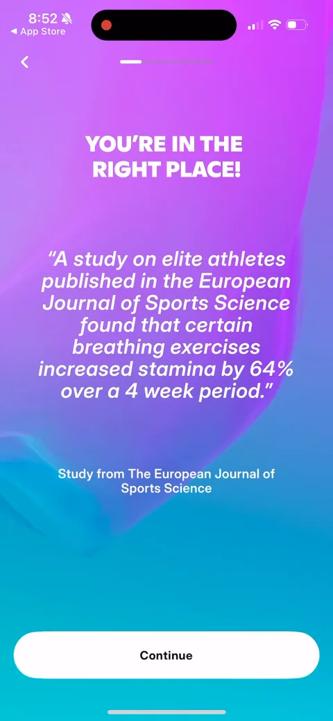 Fivepointfive onboarding screen 12: 'Breathing exercises increased stamina by 64% over 4 weeks' with a journal citation, dropped right after the…