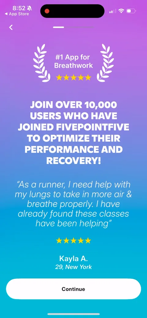 Fivepointfive onboarding screen 13: #1 App for Breathwork laurels, 10,000 users, and a named runner testimonial all on one screen