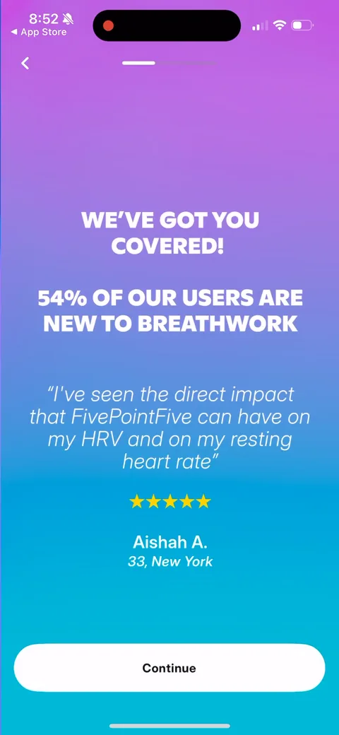Fivepointfive onboarding screen 15: Reassurance right after asking your level: '54% of our users are new to breathwork.' Defuses the 'this isn't…