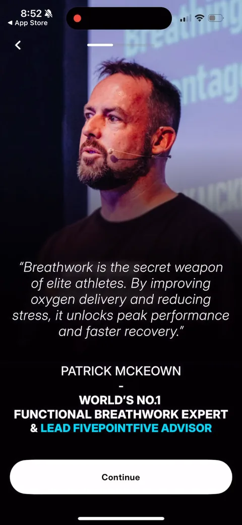 Fivepointfive onboarding screen 16: Expert endorsement from Patrick McKeown, billed as the world's no.1 functional breathwork expert and their…