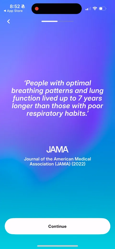 Fivepointfive onboarding screen 19: Loss-aversion stat: poor breathing habits cost up to 7 years of life, per JAMA