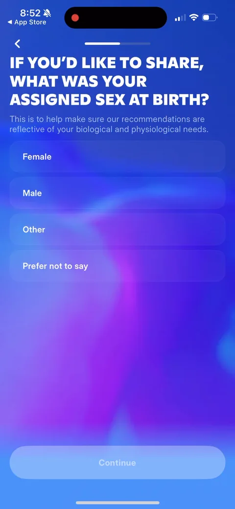 Fivepointfive onboarding screen 20: Asks assigned sex at birth, framed as optional ('if you'd like to share') and justified by biological…