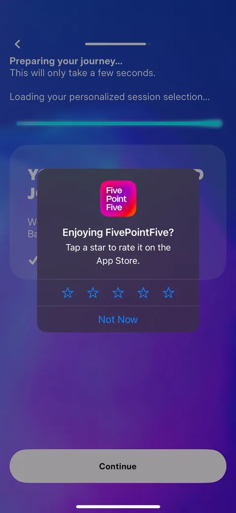 Fivepointfive onboarding screen 35: App Store rating prompt fired during the 'preparing your journey' loading, before the paywall