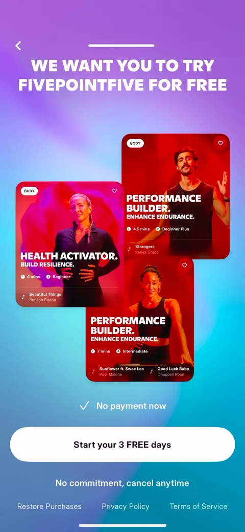 Fivepointfive onboarding screen 37: 'We want you to try fivepointfive for free' with the class cards again and a big 'Start your 3 FREE days.'…