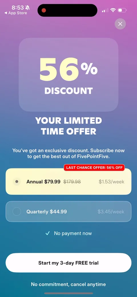 Fivepointfive onboarding screen 41: Hit close and you get a second offer: 56% off annual at $79.99, framed as a last-chance limited-time deal