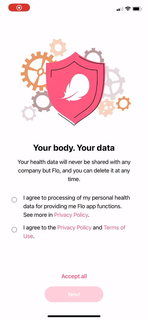 Flo onboarding screen 1: Leading with the health-data privacy consent