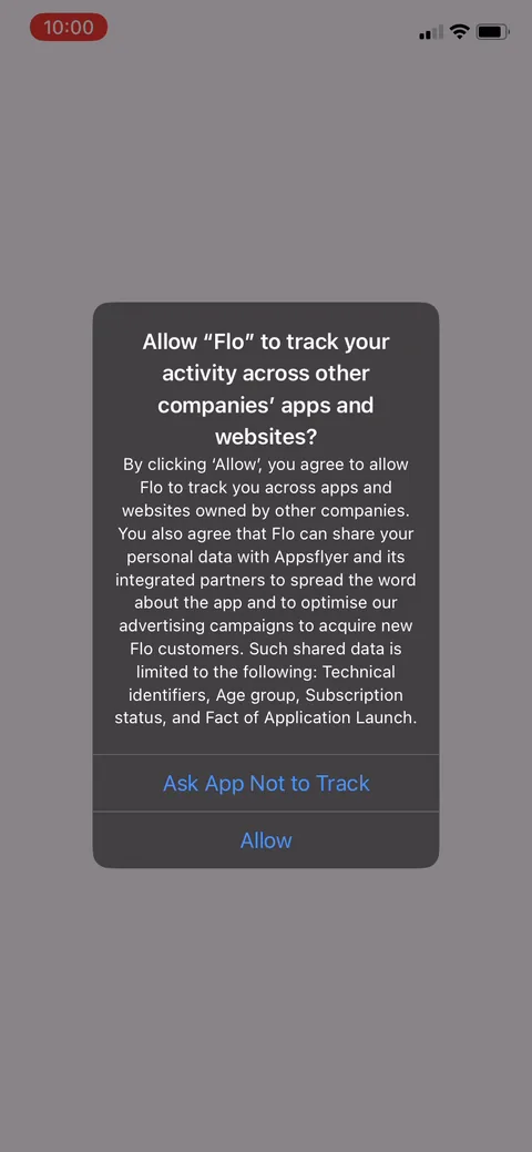 Flo onboarding screen 9: ATT prompt plus the AppsFlyer data-sharing consent stacked right at the top of the flow