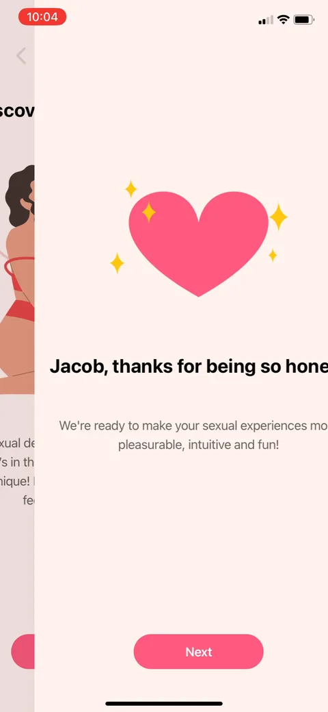 Flo onboarding screen 105: 'Thanks for being so honest jacob, we're ready to make your sexual experiences more pleasurable.' A payoff…