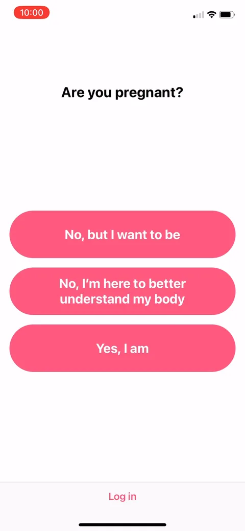 Flo onboarding screen 11: 'Are you pregnant' with three branches (no but I want to be / here to understand my body)