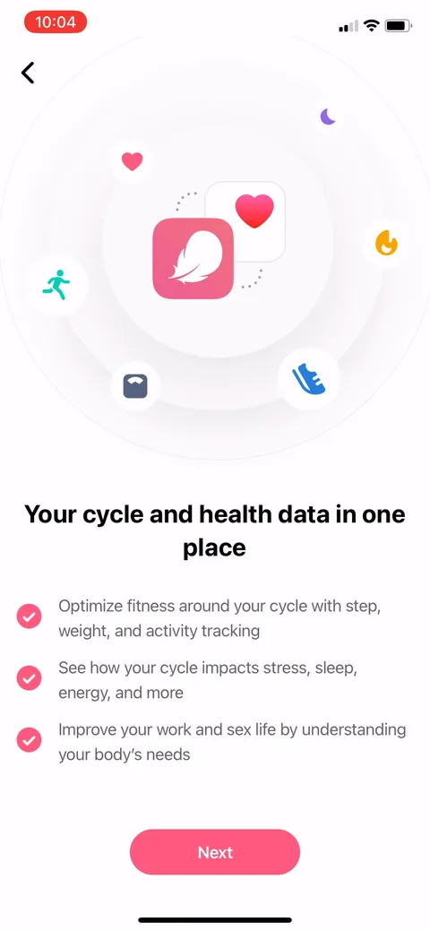 Flo onboarding screen 111: 'Your cycle and health data in one place' value prop sitting right before the HealthKit ask