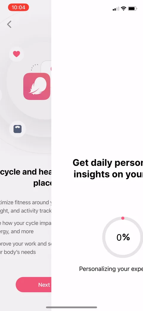 Flo onboarding screen 115: The 'personalizing your experience' loading sequence: a climbing percentage with rotating value teasers