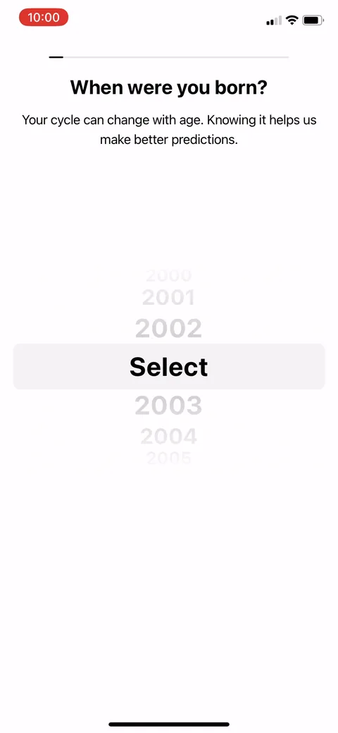 Flo onboarding screen 12: Asking the birth year with the reason attached: 'your cycle can change with age, knowing it helps us make…
