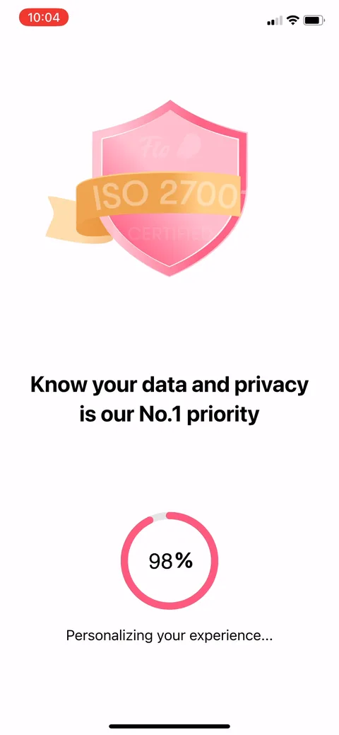 Flo onboarding screen 124: 'Your data and privacy is our no 1 priority' at 98%