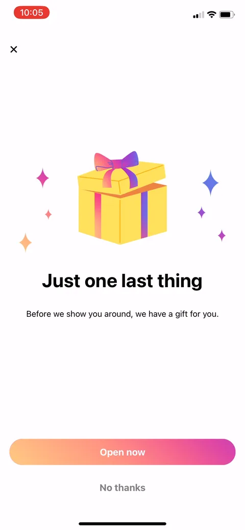 Flo onboarding screen 138: 'One last thing, we have a gift for you.' Framing the discount as a gift instead of a desperation drop keeps…
