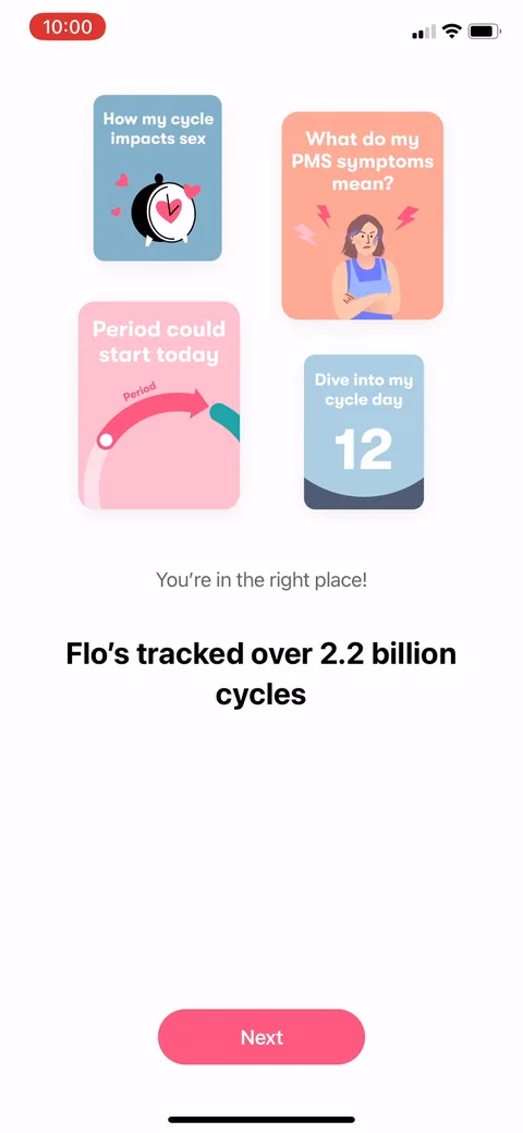 Flo onboarding screen 14: 'You're in the right place, flo-2024-03's tracked over 2.2 billion cycles.' Scale as proof, dropped early to…