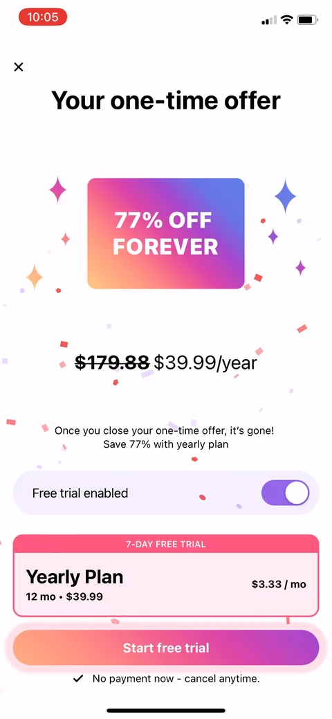 Flo onboarding screen 140: The exit offer for the 90% who don't convert first time: 77% OFF FOREVER, $179.88 struck through to…