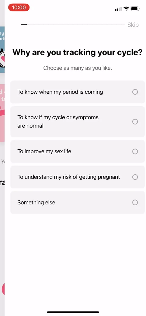 Flo onboarding screen 15: 'Why are you tracking your cycle, choose as many as you like.' Multi-select goal capture done right