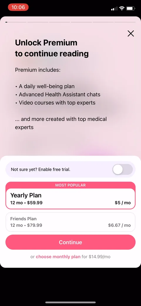 Flo onboarding screen 156: The contextual paywall: 'unlock premium to continue reading.' Gating premium at the moment of intent…