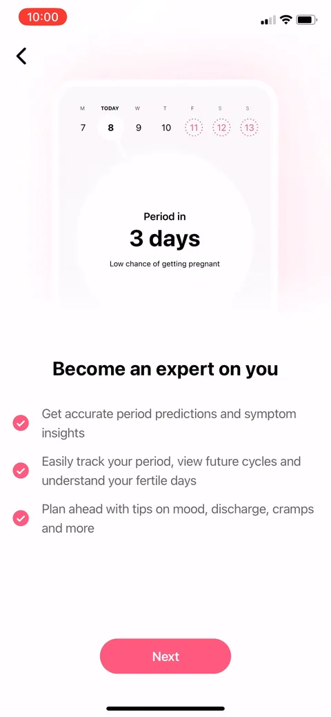 Flo onboarding screen 18: The prediction preview: 'period in 3 days, low chance of getting pregnant.' Showing the actual product output…