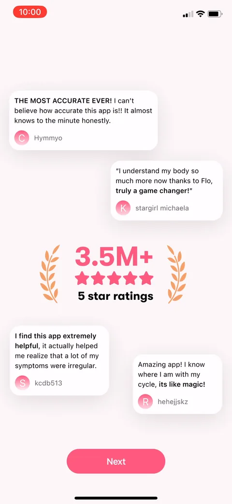 Flo onboarding screen 20: The reviews wall