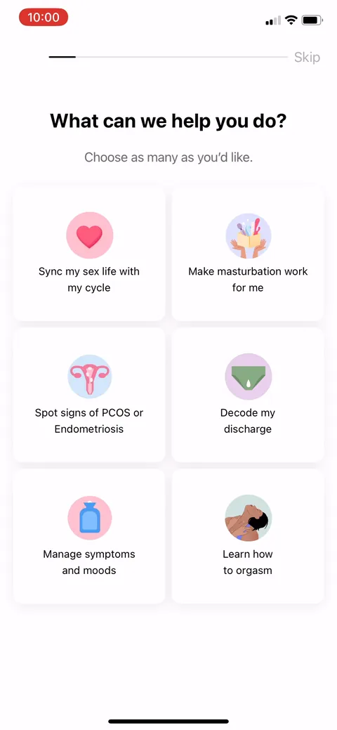 Flo onboarding screen 22: 'What can we help you do' quietly expands Flo past period tracking into sex life, PCOS, symptoms