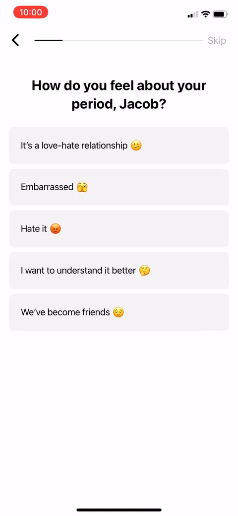 Flo onboarding screen 23: 'How do you feel about your period jacob' with the love-hate framing
