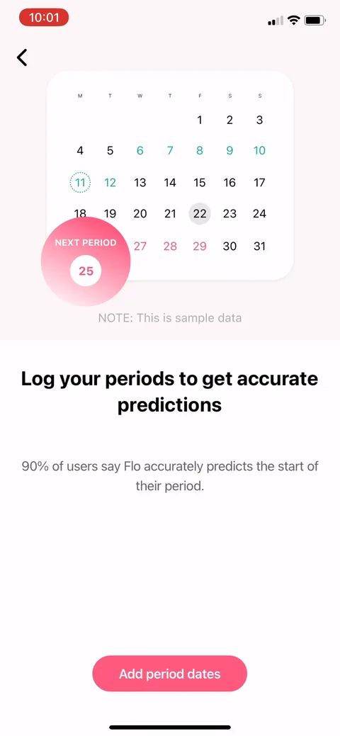 Flo onboarding screen 29: 'Log your periods to get accurate predictions, 90% of users say flo-2024-03 accurately predicts the start of…