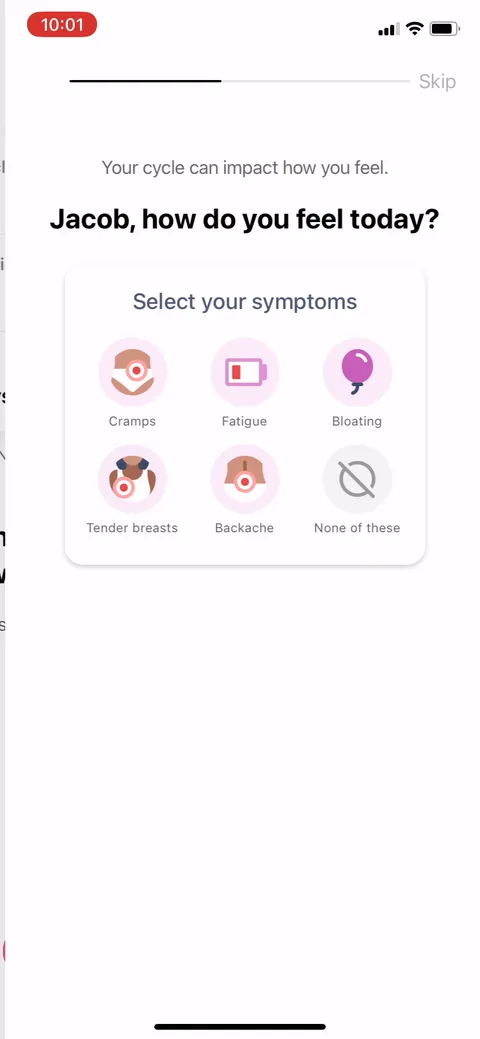 Flo onboarding screen 48: 'How do you feel today jacob, select your symptoms.' A real micro-logging interaction inside onboarding