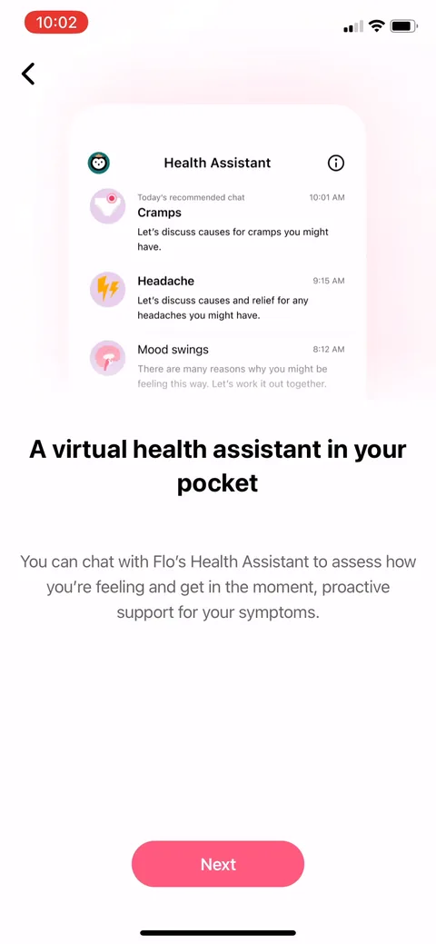 Flo onboarding screen 64: 'A virtual health assistant in your pocket.' Seeding the AI chat as a premium hook