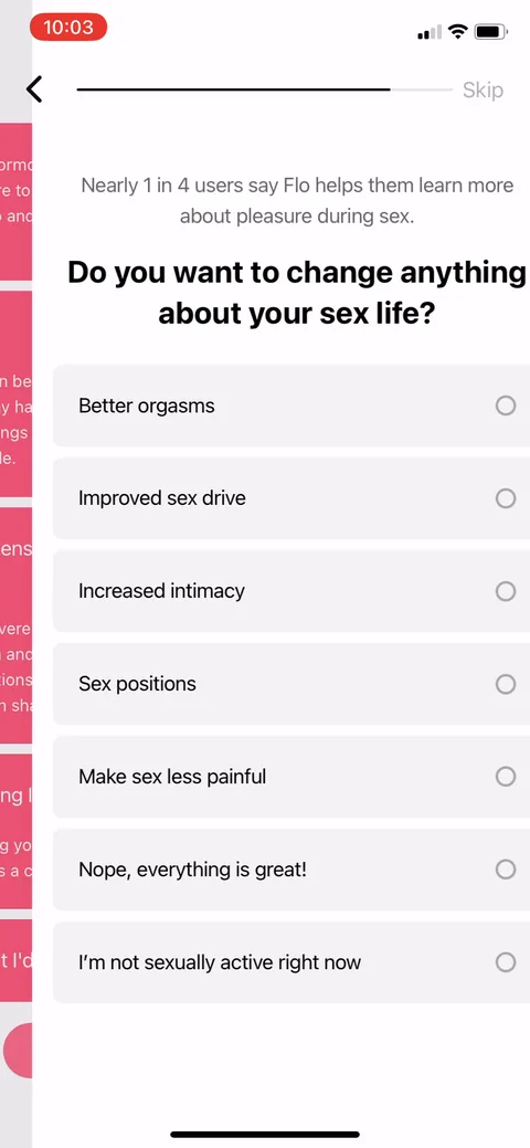 Flo onboarding screen 87: The sex-life multi-select