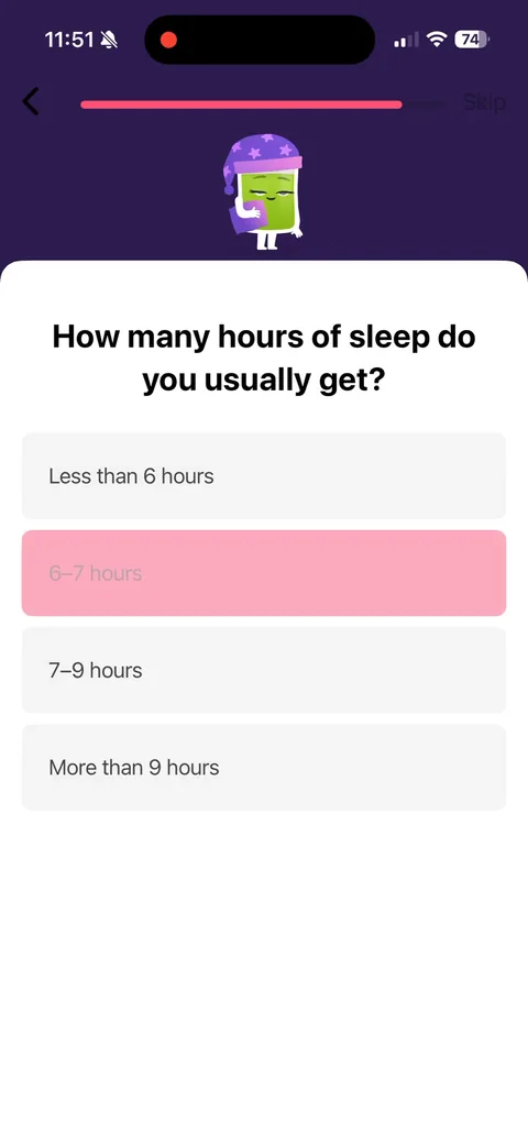 Flo App2Web onboarding screen 2: One sleep question with a progress bar