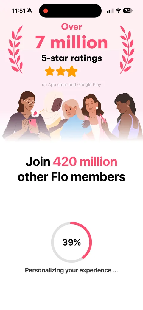 Flo App2Web onboarding screen 8: Same loader at 39%: 