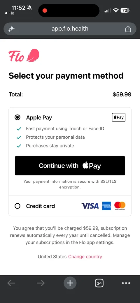 Flo App2Web onboarding screen 19: The hand-off lands in Chrome at app.flo.health: 