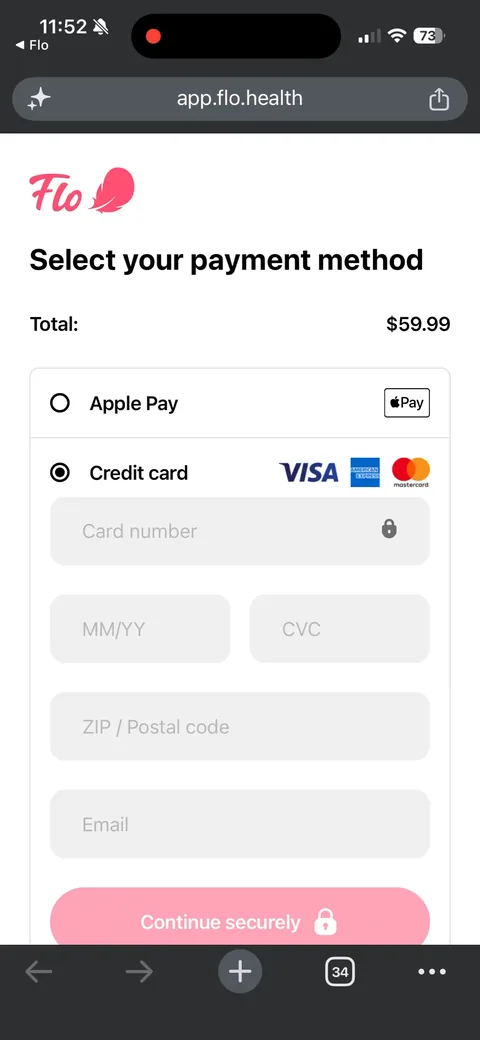 Flo App2Web onboarding screen 20: Credit card option: card number, expiry, CVC, ZIP and email