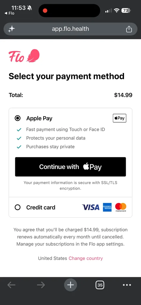 Flo App2Web onboarding screen 26: Monthly on the web: Total $14.99, 