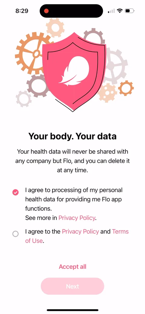 Flo onboarding screen 4: Health-data consent up front: 
