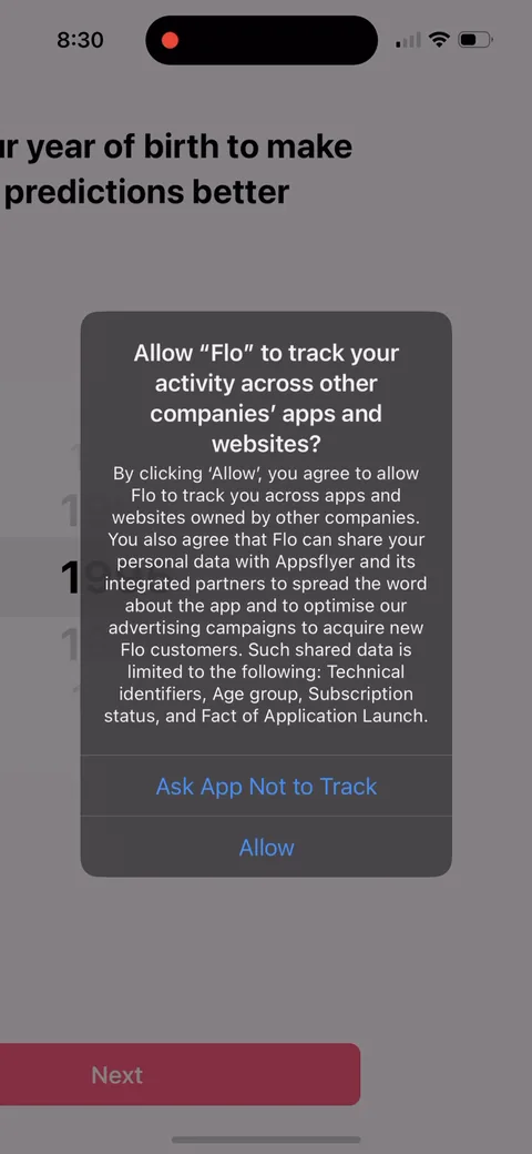 Flo onboarding screen 10: The App Tracking Transparency prompt is dropped in mid-quiz, right after a normal question, so it reads like…