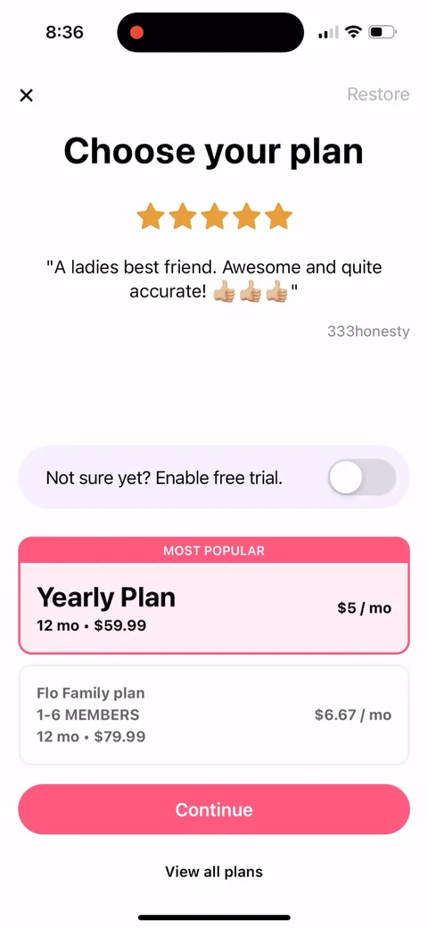 Flo paywall with pricing, onboarding screen 103