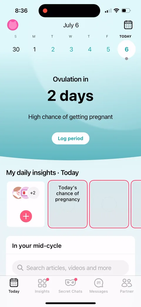 Flo onboarding screen 104: Drops you onto a real dashboard with your cycle, daily insights, and a log button, not a blank screen