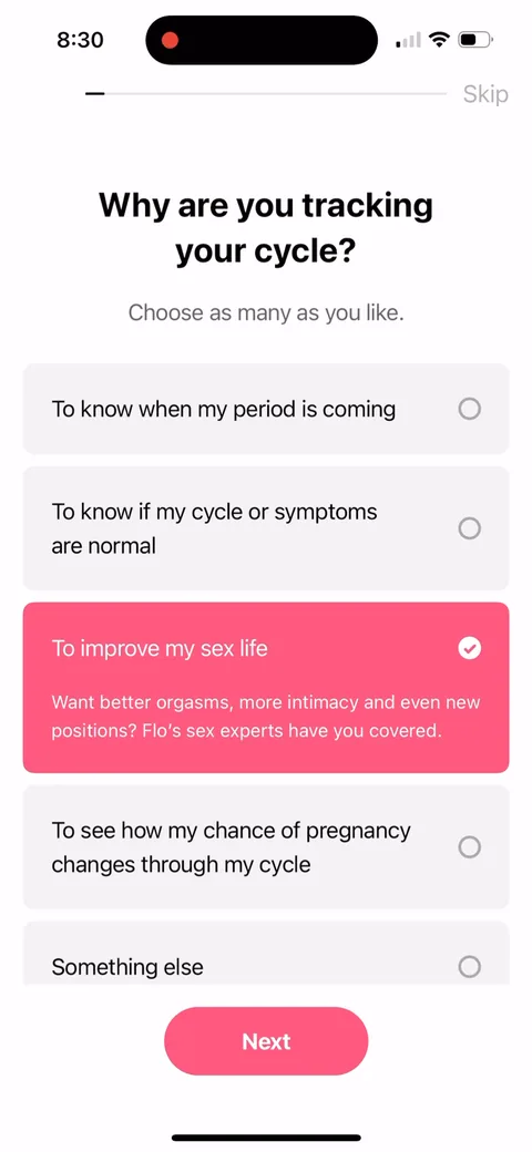 Flo onboarding screen 15: Every option you tap opens an inline coaching blurb (
