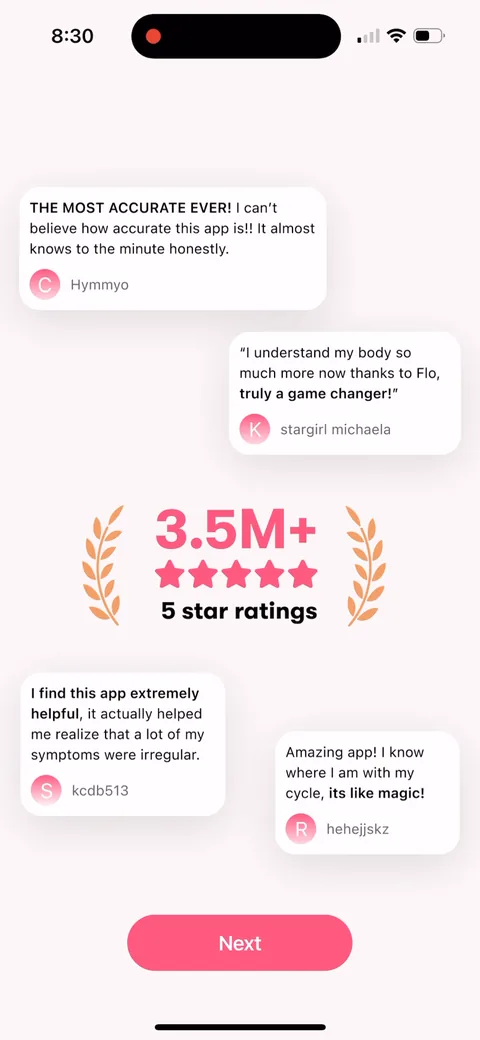 Flo onboarding screen 19: A wall of 5-star reviews and 