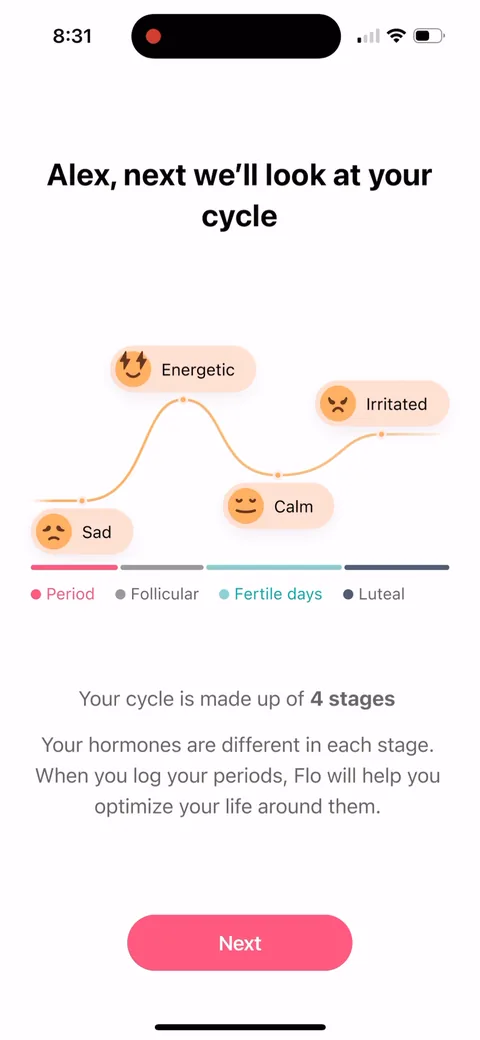 Flo onboarding screen 27: Walks you through the 4 cycle phases and says Flo optimizes your life around each one