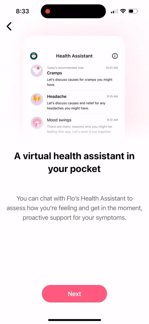 Flo onboarding screen 55: A health-assistant chat offering proactive support for your symptoms