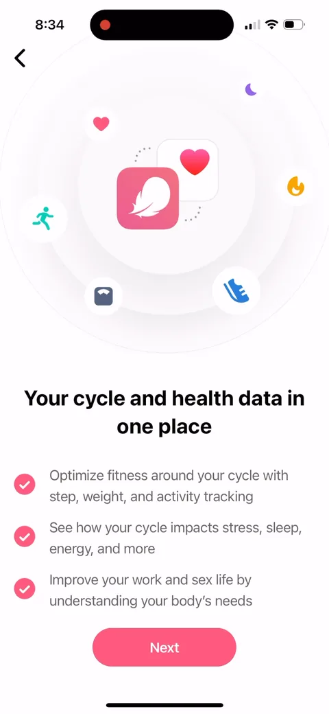Flo onboarding screen 72: Asks for Apple Health access framed as 