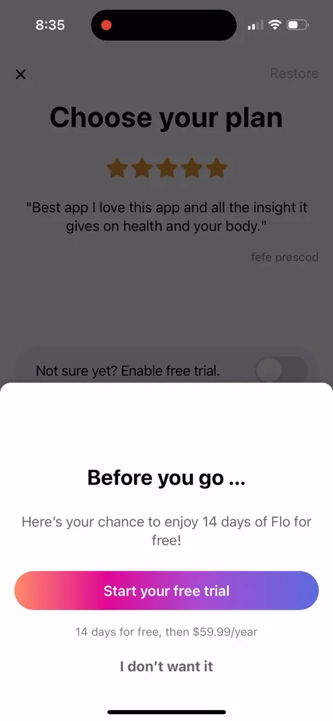 Flo onboarding screen 89: Hit continue without buying and you get 