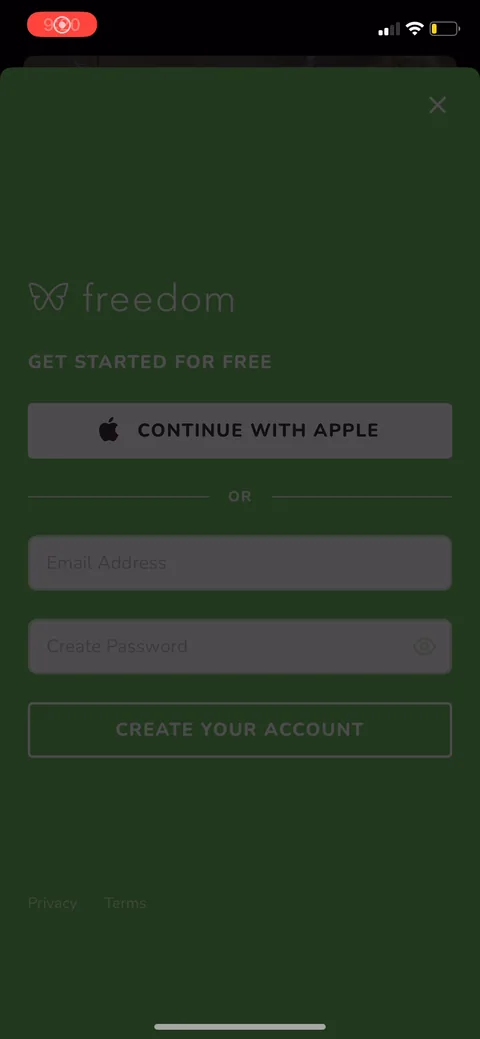 Freedom onboarding screen 2: Account creation is the first thing they show, before any value