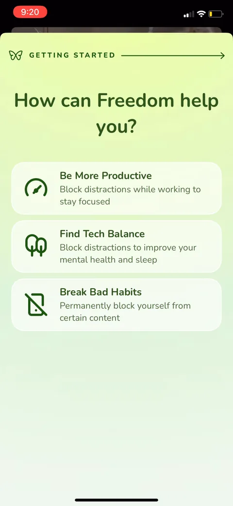 Freedom onboarding screen 5: Goal pick: Be More Productive, Find Tech Balance, or Break Bad Habits